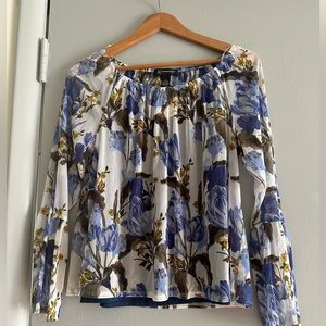 INC sheer bell sleeve floral top with separate blue tank top underneath